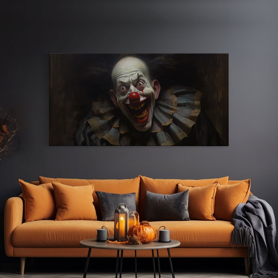 Creepy Clown Evil Grin Ruffled Collar Dark Portrait Scary Halloween Art Poster - Image 2
