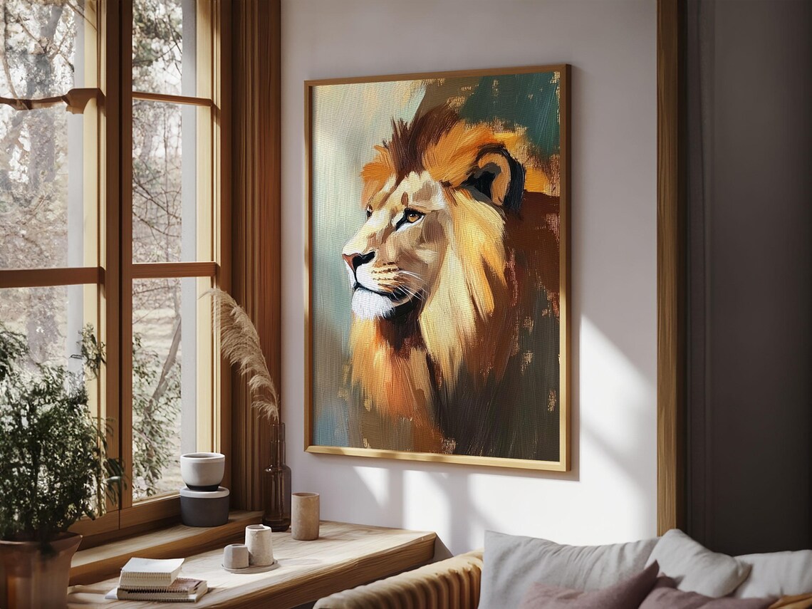 Golden Lion Profile Oil Painting Majestic Wild Animal Portrait Poster - Image 5