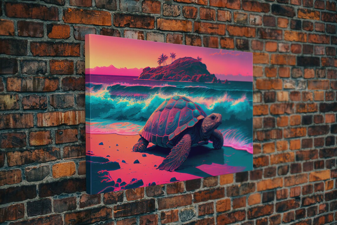 Sea Turtle Fighting the Waves, Synthwave Vaporwave