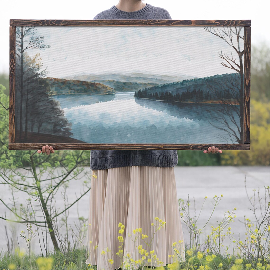 Serene Blue Lake Watercolor Minimalist Calm Nature Landscape Poster - Image 2
