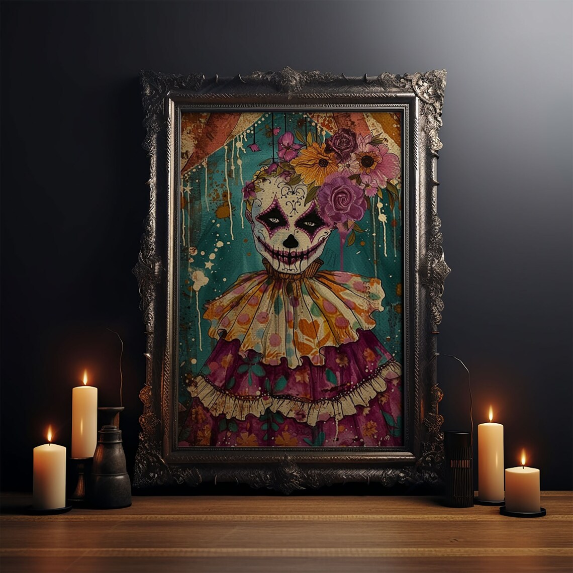 Day Of Dead Doll Floral Crown Sugar Skull Halloween Art Poster - Image 3
