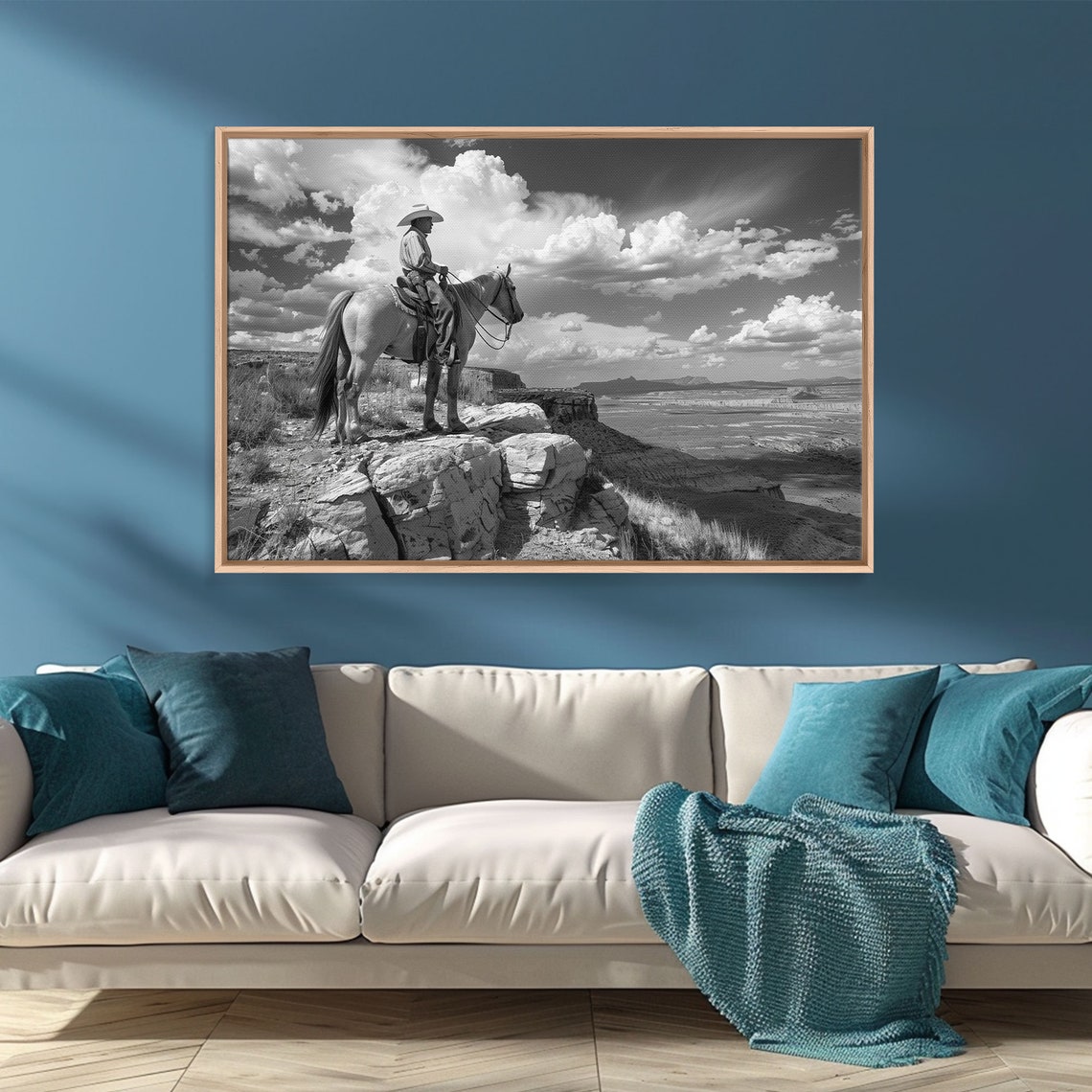 Cowboy Overlooking Valley Horseback Black White Western Poster - Image 4