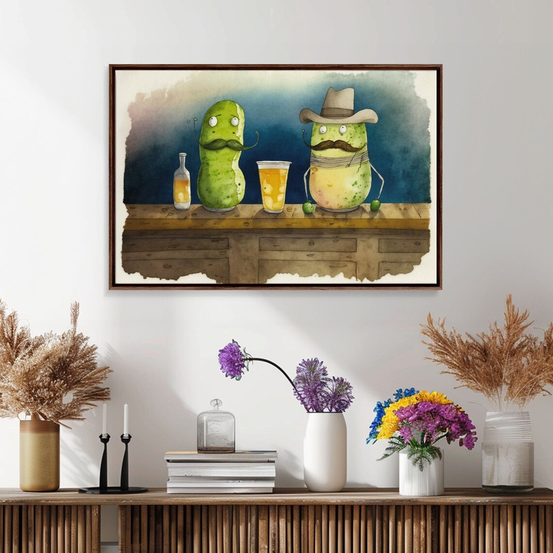 Funny Pickles At Bar Mustache Cowboy Hat Beer Watercolor Humor Poster - Image 6