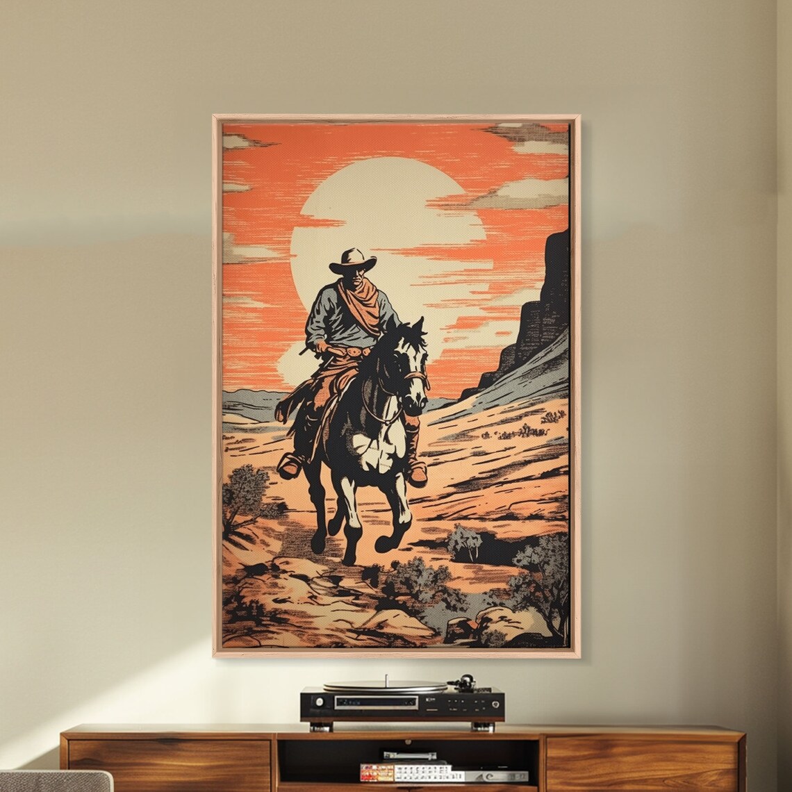 Cowboy On Horseback At Sunset Desert Canyon Silhouette Art Poster - Image 4