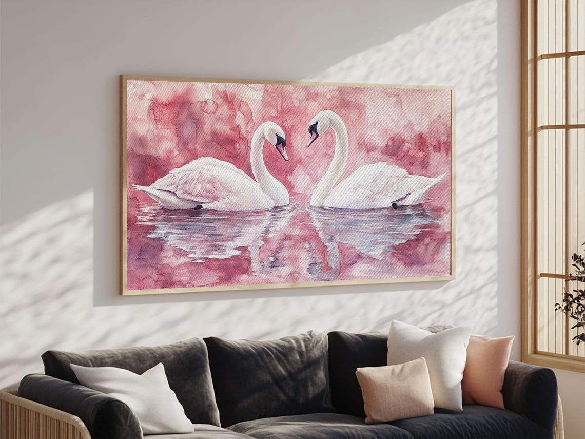 Two White Swans Heart Necks Pink Water Romantic Love Wall Poster - Image 6