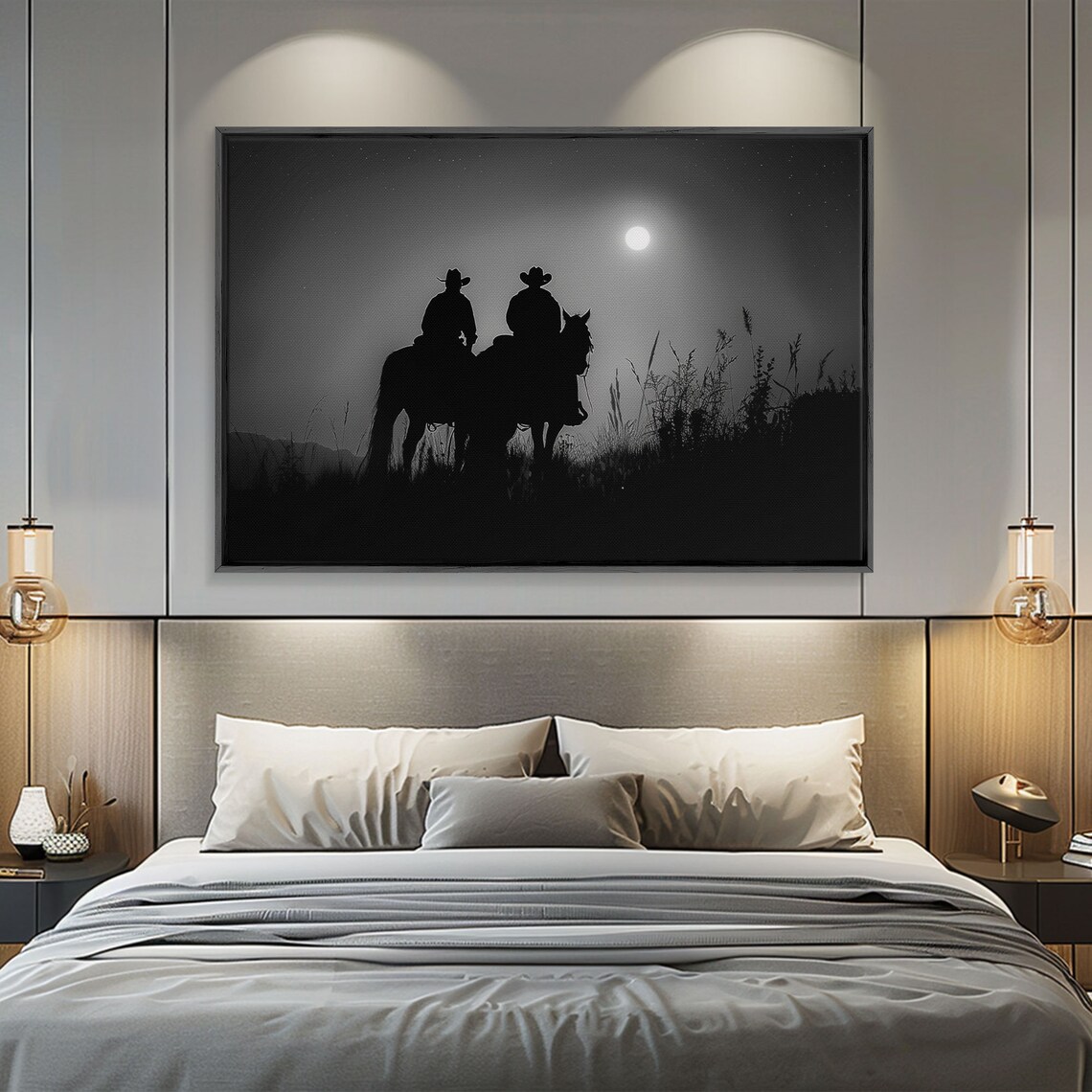 Two Cowboys Silhouette Full Moon Night Black White Western Poster - Image 4
