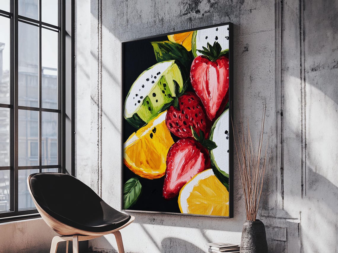 Bold Strawberry Orange Dragon Fruit Still Life Kitchen Art Print - Image 4