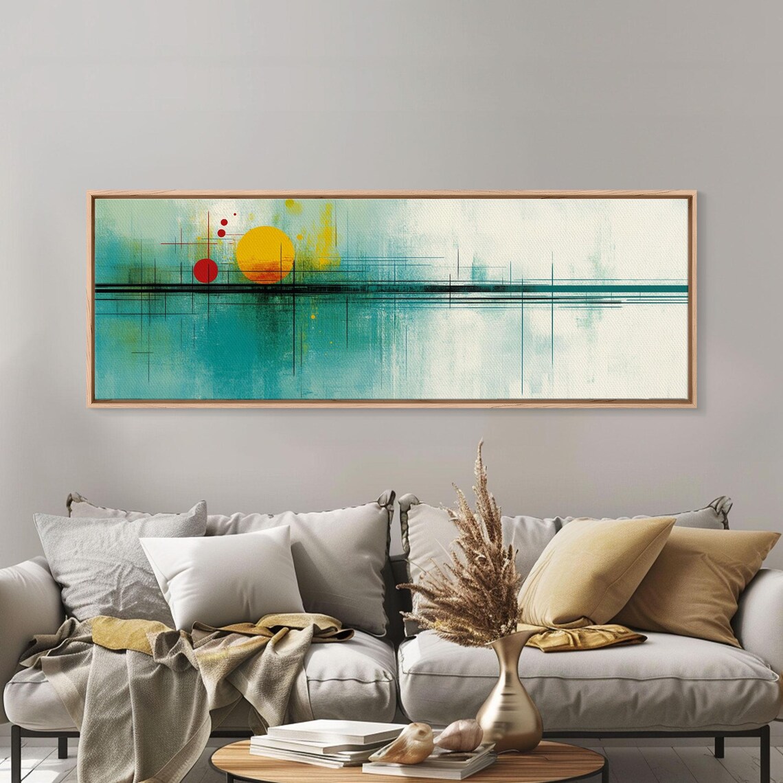 Abstract Turquoise Sunset Horizon With Golden Sun Modern Art Poster - Image 2