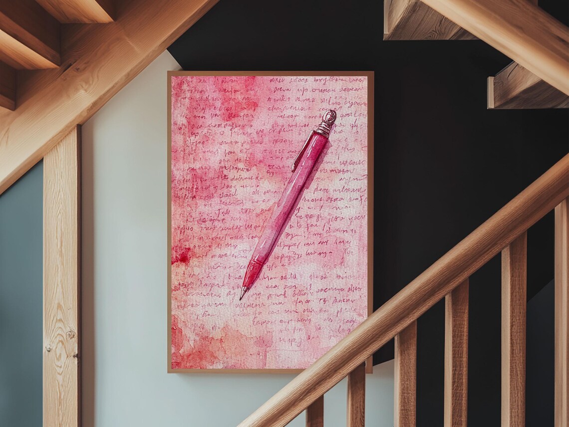 Red Fountain Pen on Pink Love Letter Watercolor Art Print Study Poster - Image 4