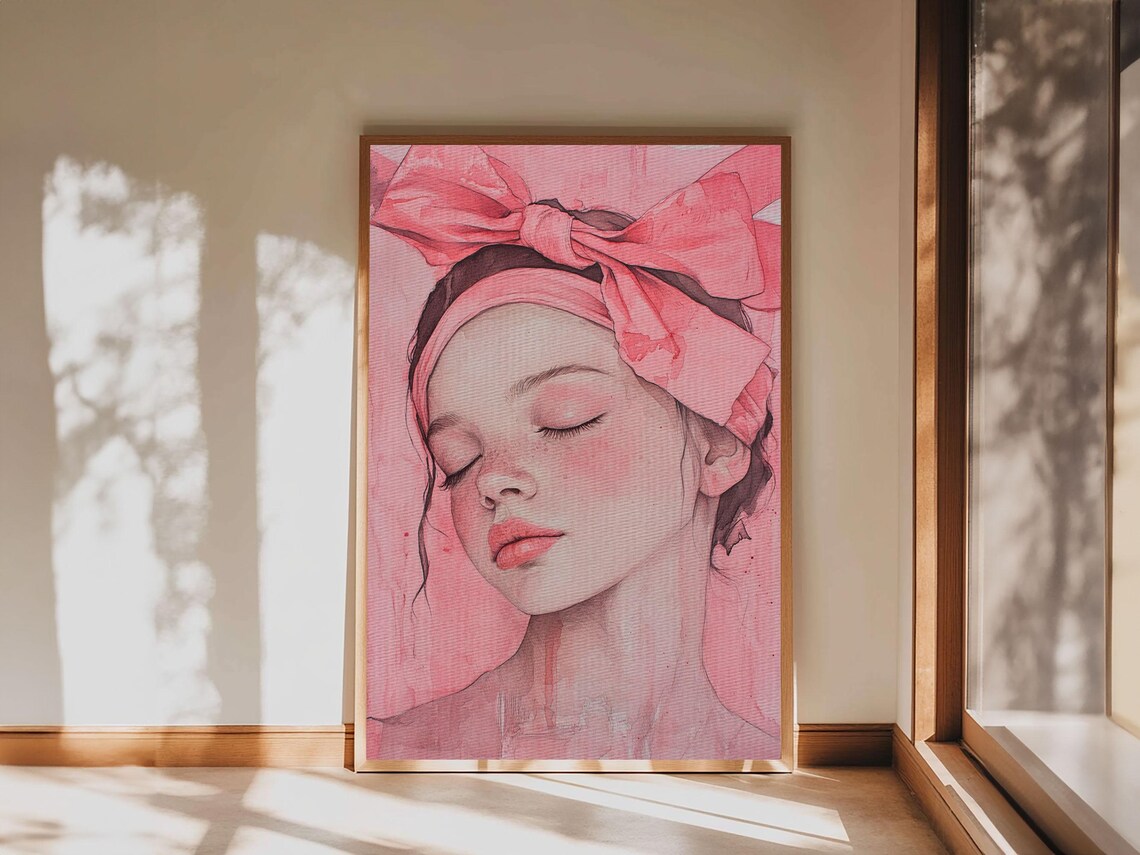 Pink Bow Girl Portrait Watercolor Dreamy Feminine Blush Wall Poster - Image 3