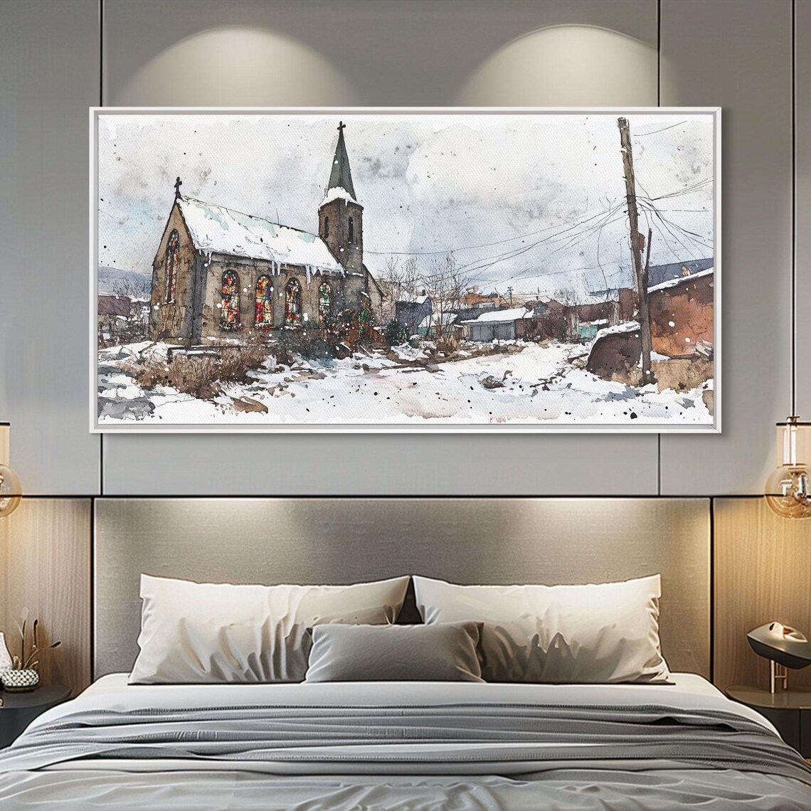Snowy Old Stone Village Church Stained Glass Winter Art Print