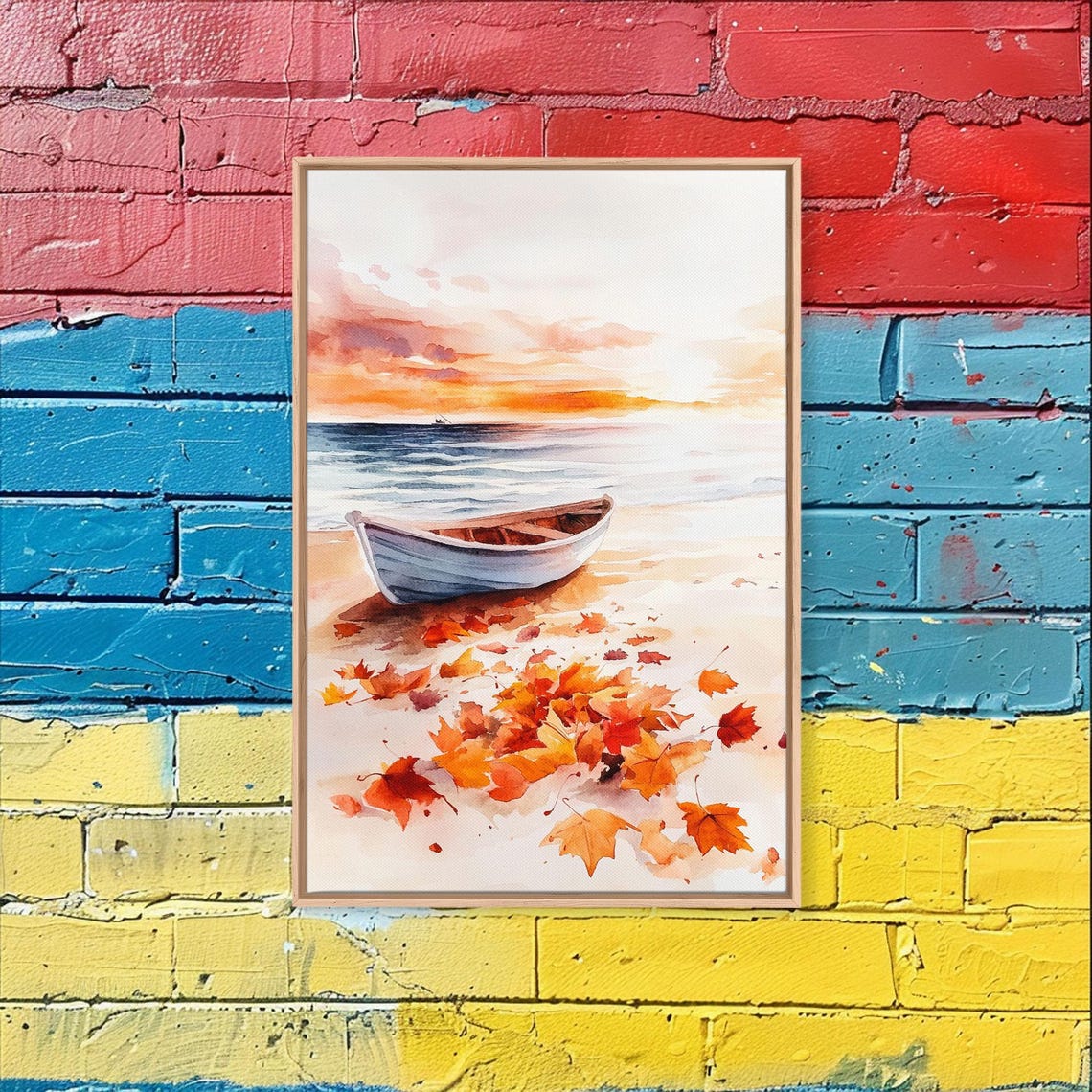Wooden Rowboat On Beach With Autumn Leaves At Sunset Fall Poster