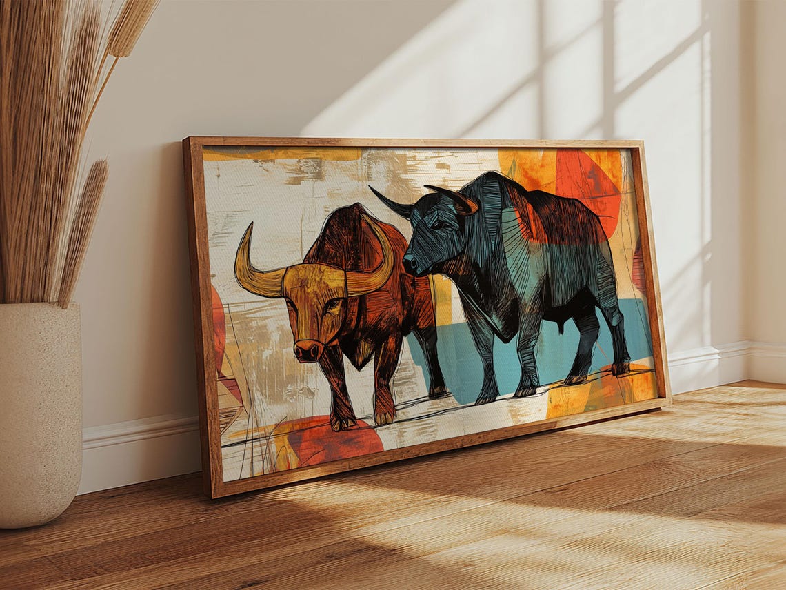 Geometric Bull Duo Abstract Rustic Farmhouse Above Sofa Wall Art Print - Image 3