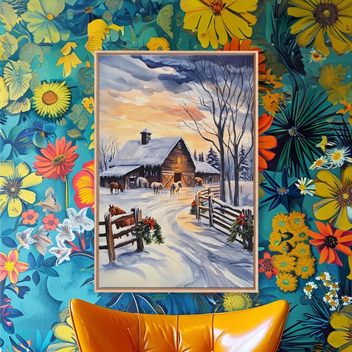 Christmas Farm Snow Barn Horses Wreath Sunset Watercolor Wall Art - Image 3