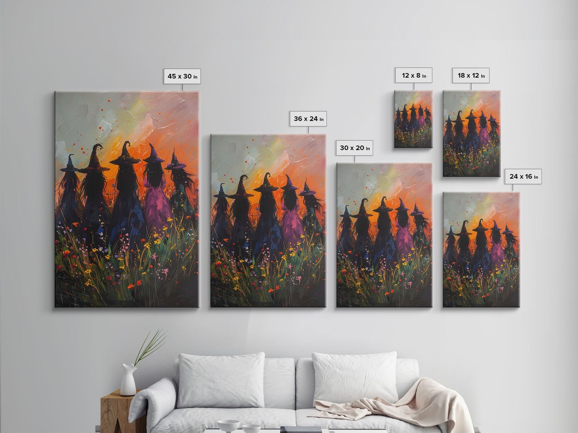 Five Witches Coven Sunset Silhouette Wildflowers Painterly Art Poster - Image 2