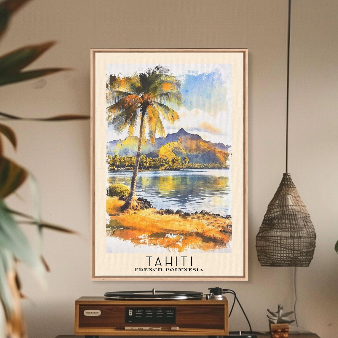 Tahiti French Polynesia Palm Tree Golden Shore Mountain Lagoon Poster - Image 3