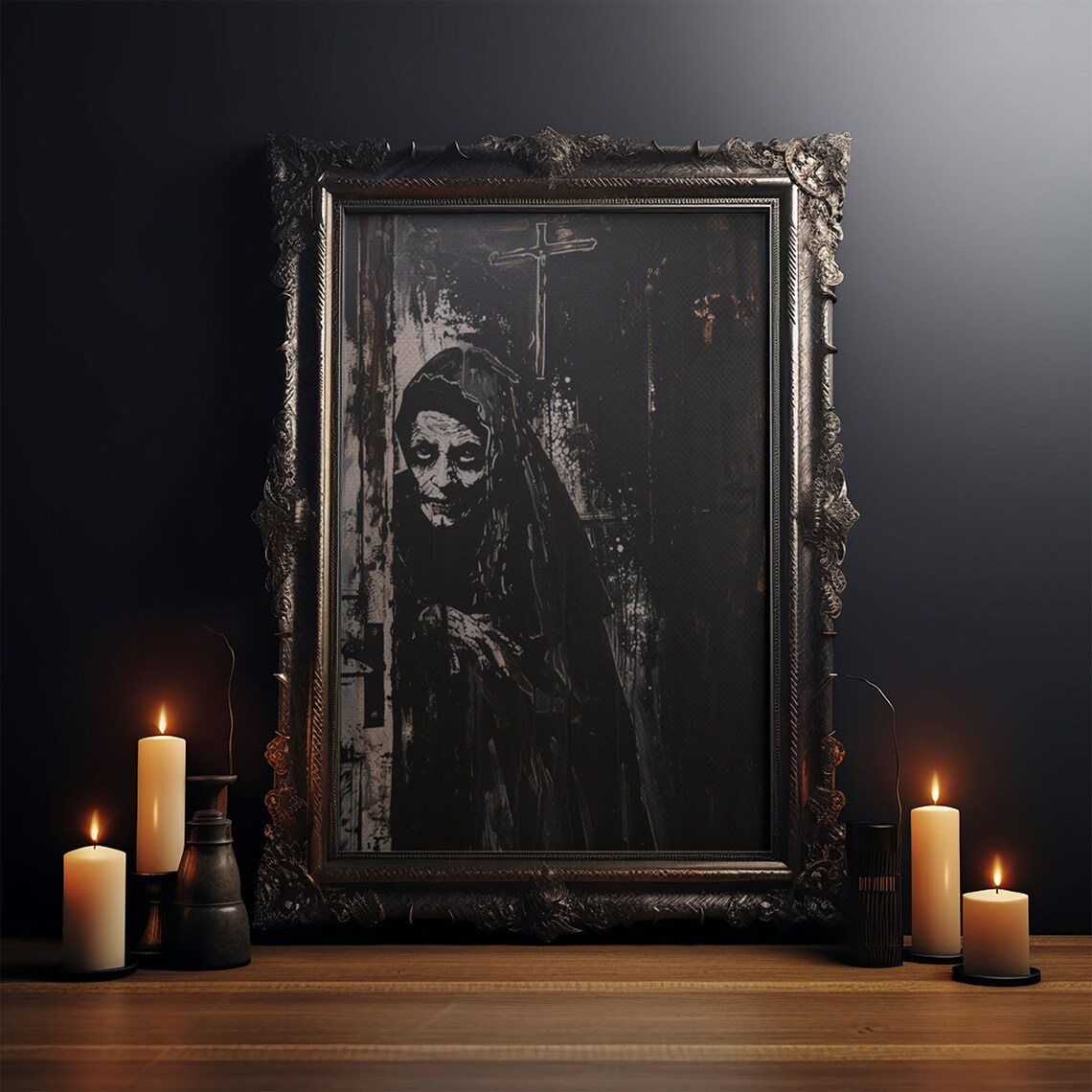 Haunted Nun In Dark Chapel Eerie Grunge Gothic Portrait Art Poster - Image 4