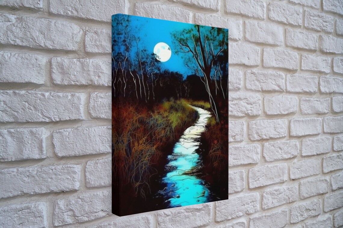 Spooky Full Moon Over Calm Stream Night Art Print