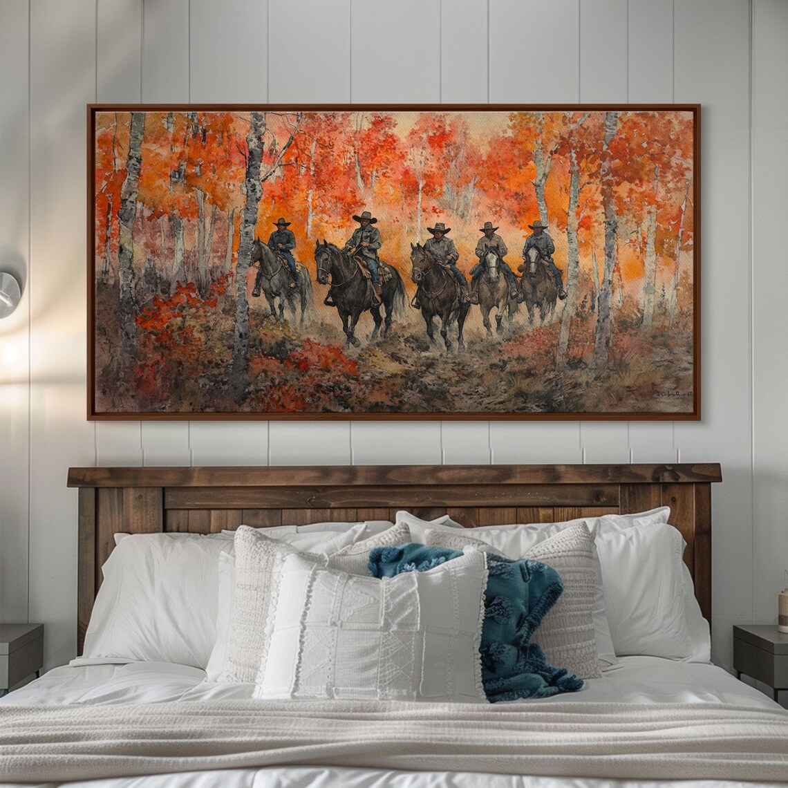 Cowboys Riding Through Fiery Autumn Birch Forest Western Art Print - Image 3