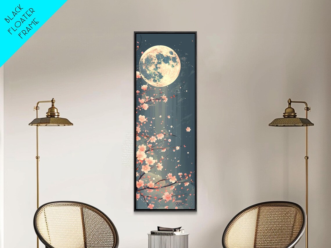 Full Moon Cherry Blossoms Starry Night Dark Floral Art Print - Image 4