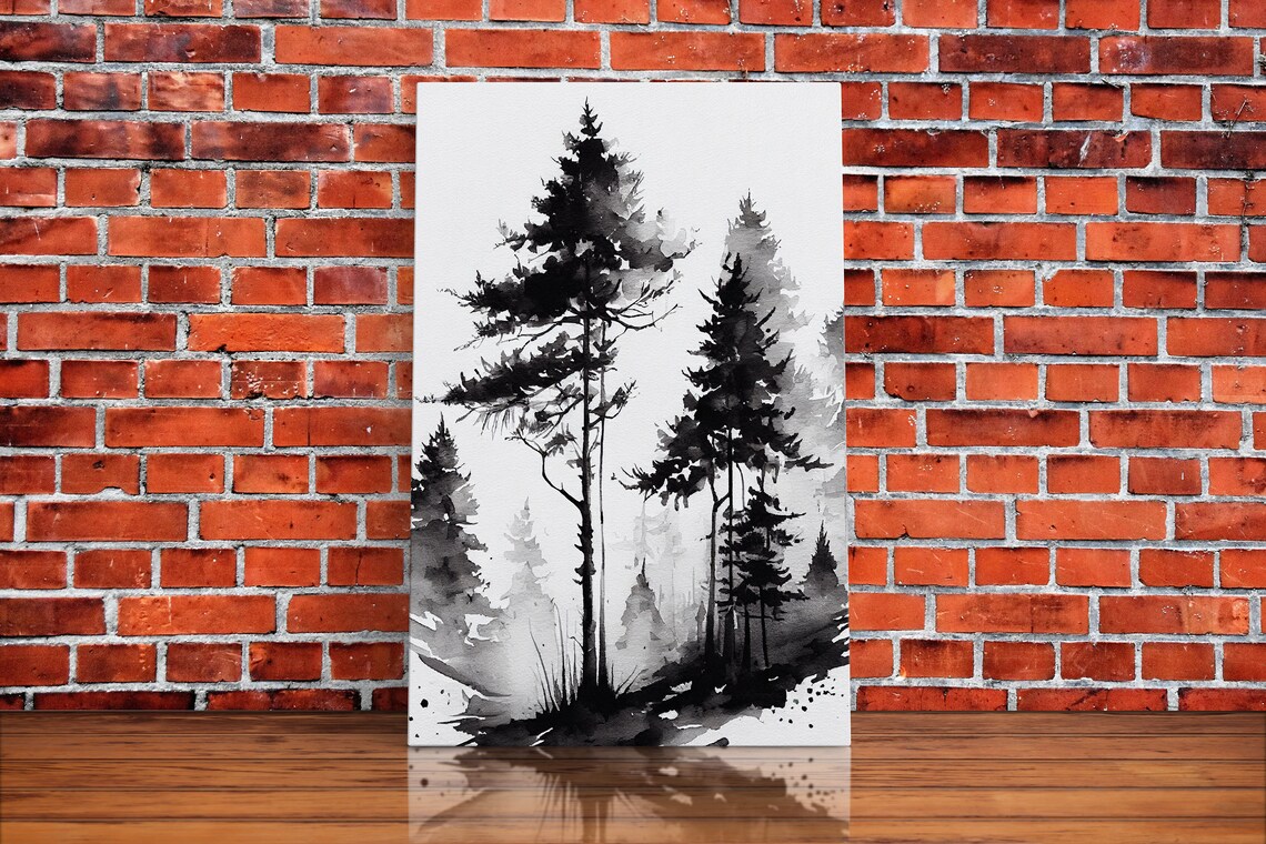 Black and White Pine Tree Forest Watercolor Art Print - Image 2