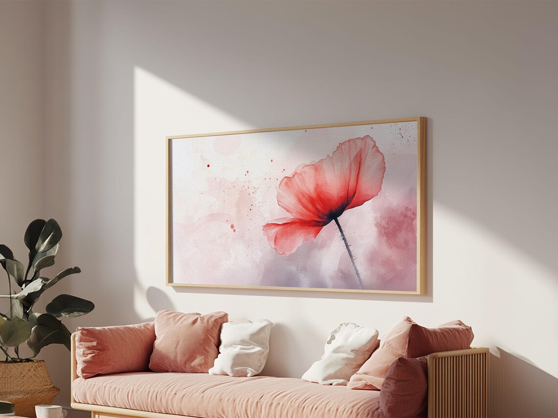 Coral Red Poppy Bloom Minimalist Watercolor Soft Blush Wall Art Poster - Image 6