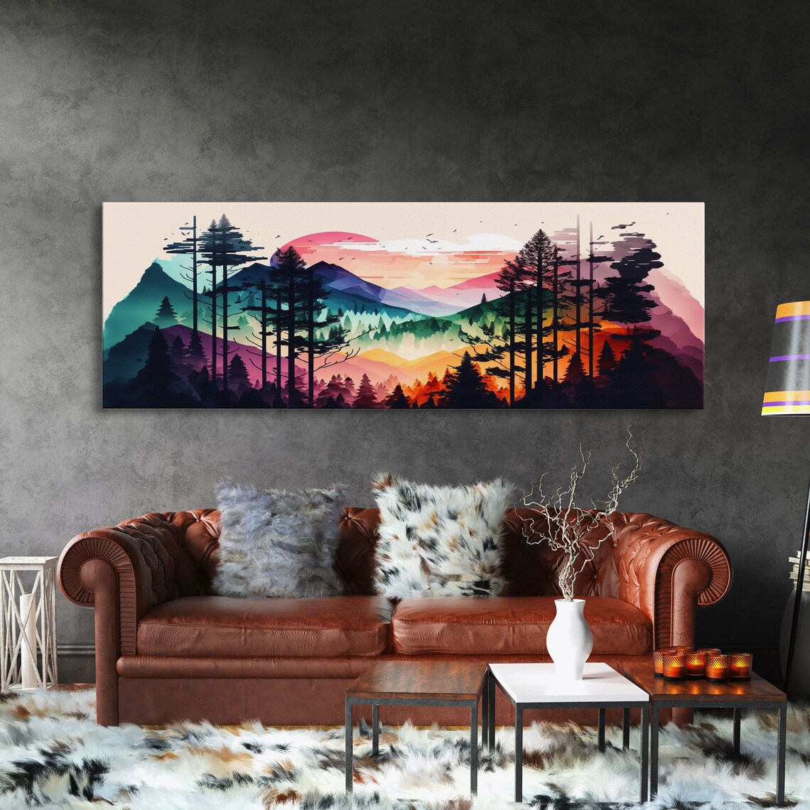 Vibrant Double Exposure Watercolor Of A Mountain Landscape And Pine Tree Forest At Sunset Wide Panoramic Framed Print - Image 3