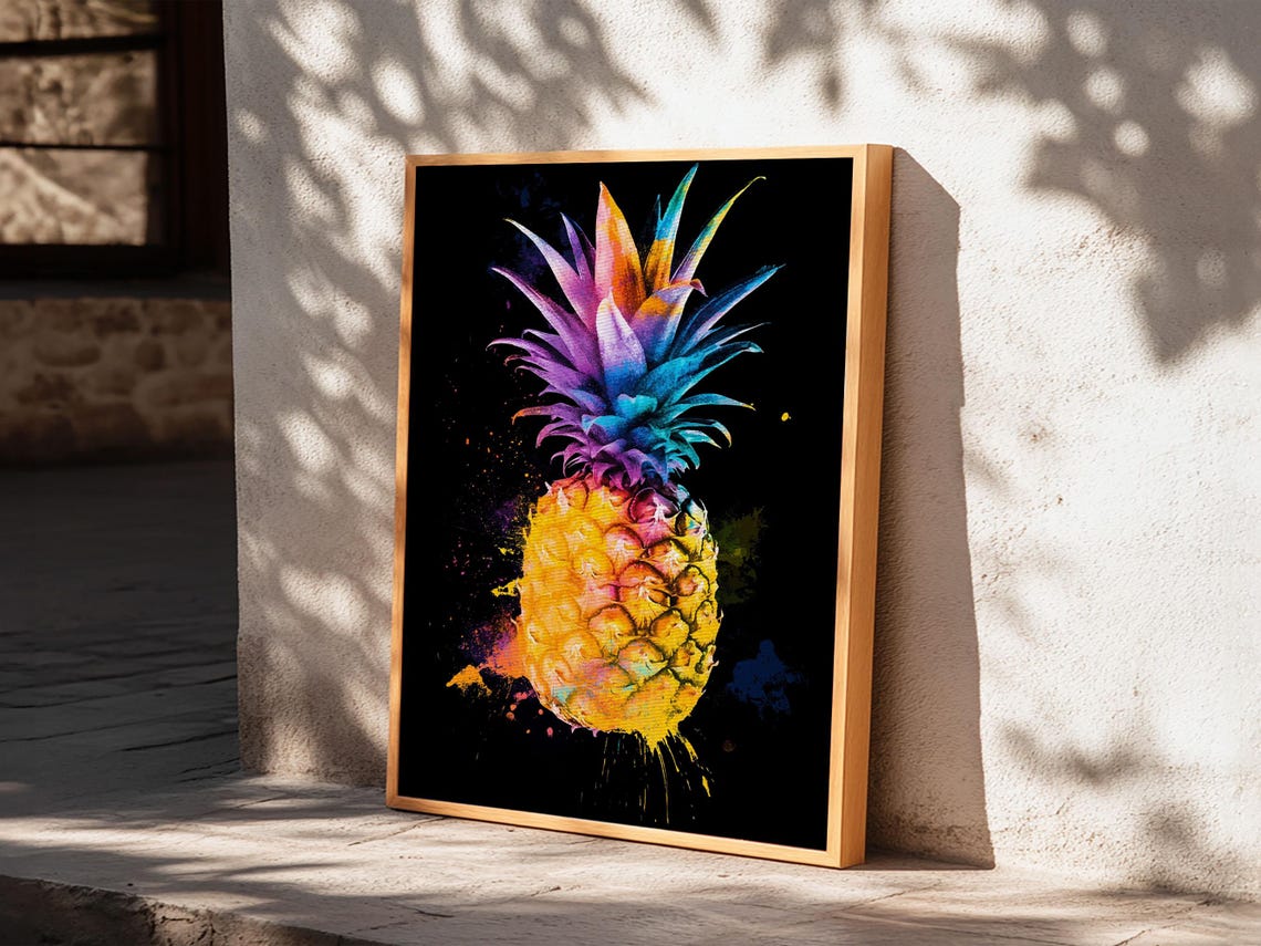 Neon Pineapple Watercolor On Black Background Tropical Wall Art Print - Image 3