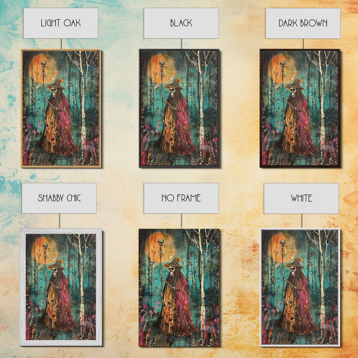 Skeleton Witch Skull Staff Full Moon Birch Forest Art Poster - Image 2