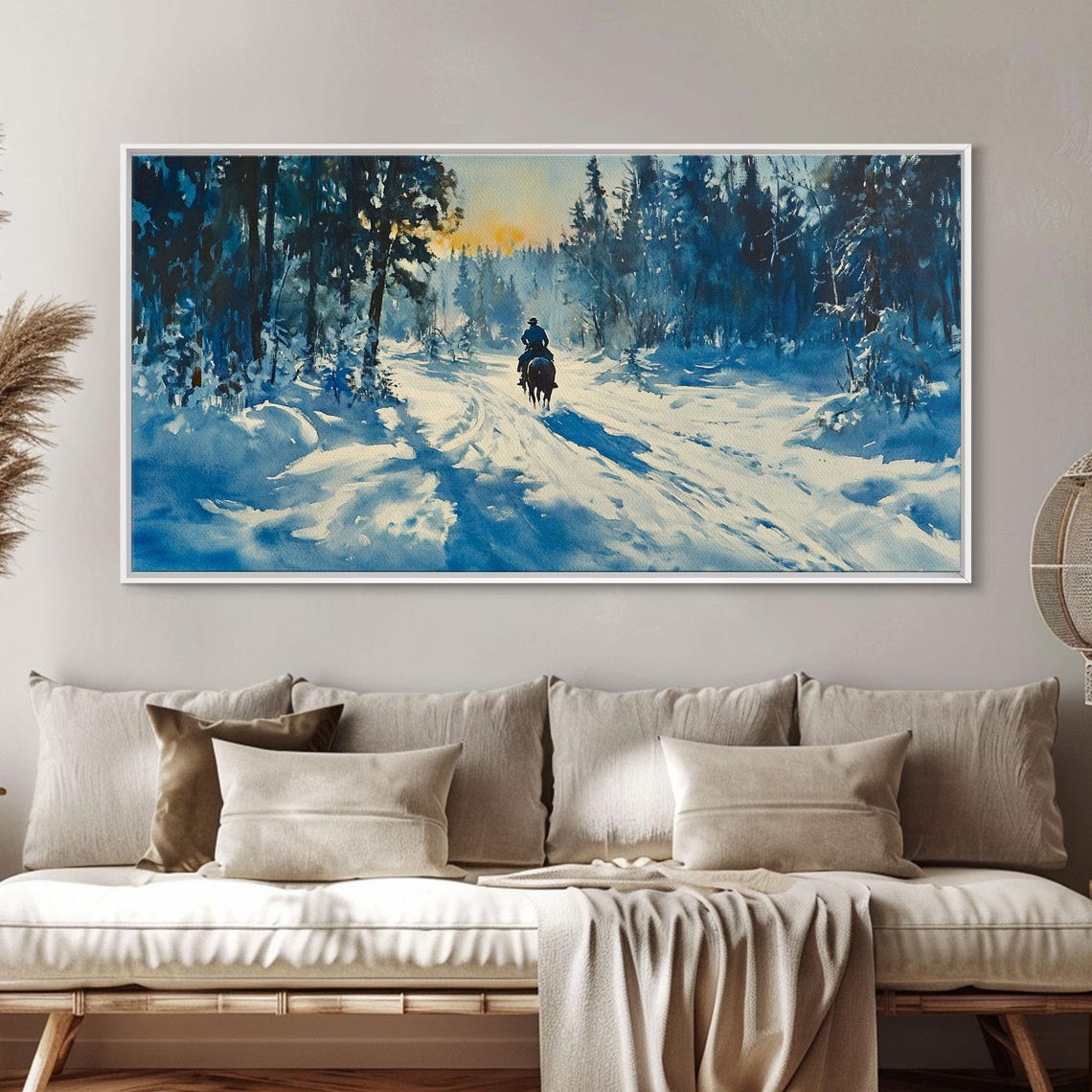 Lone Horse Rider On Snowy Forest Trail Winter Sunset Art Print - Image 5