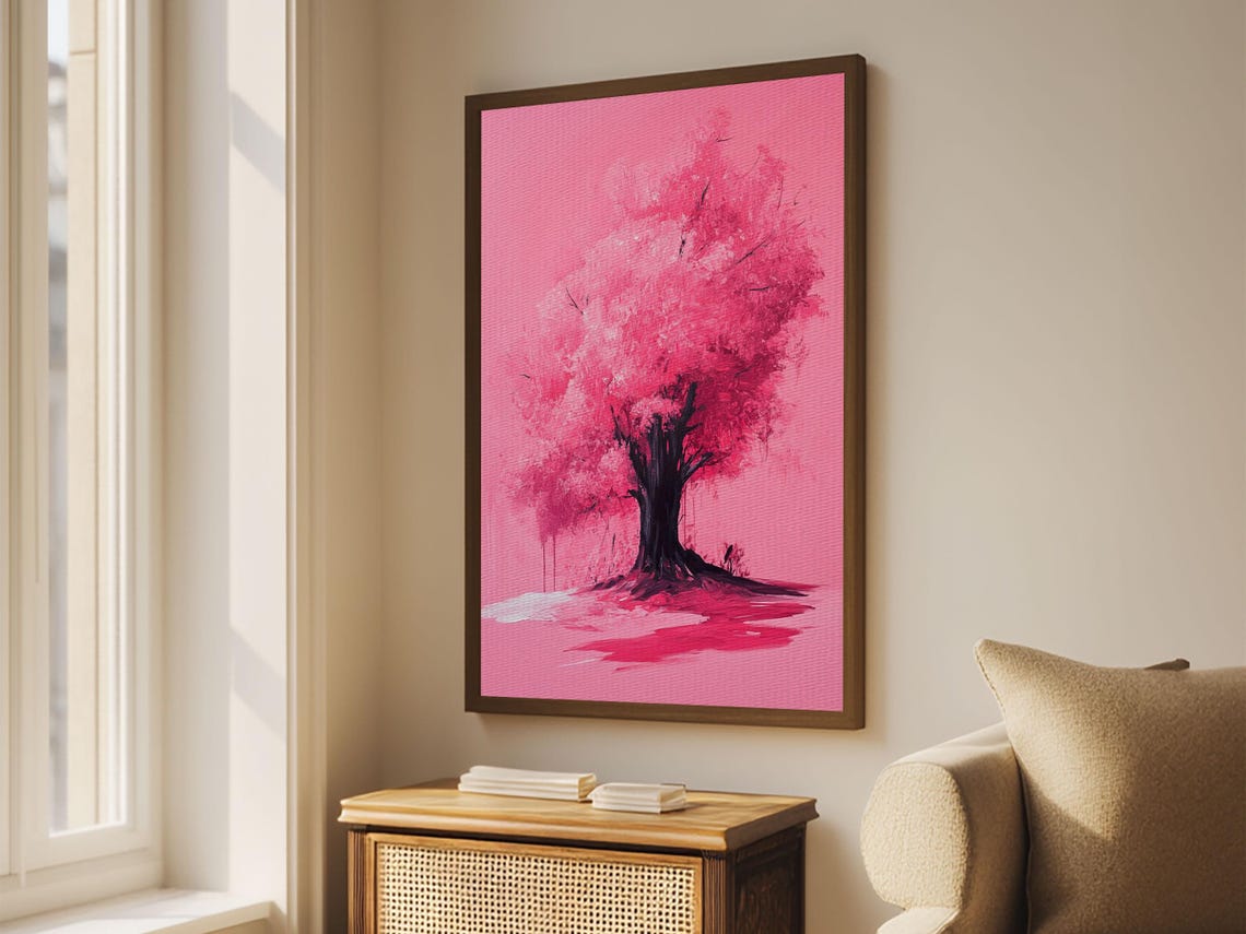 Bold Monochrome Pink Tree Silhouette Preppy Blossom Art Print - Image 4