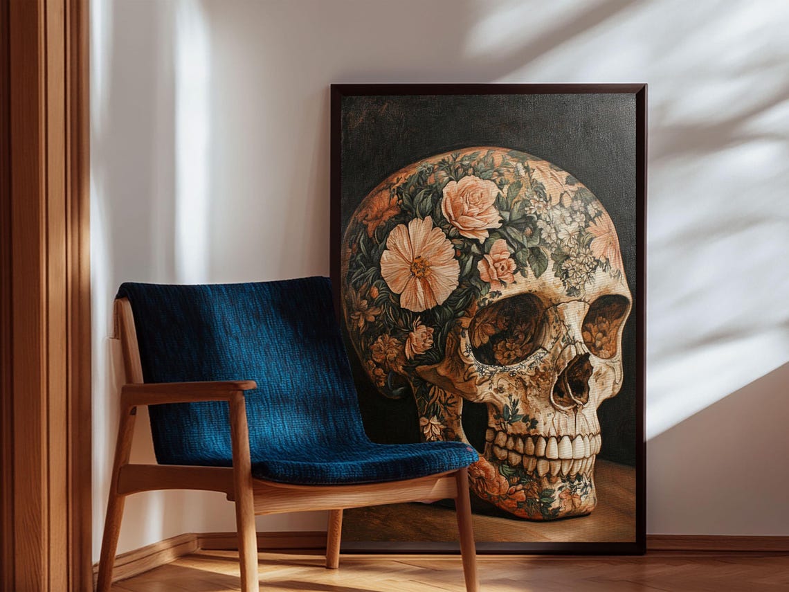 Peach Floral Skull Botanical Gothic Dark Rustic Skull Wall Art Poster