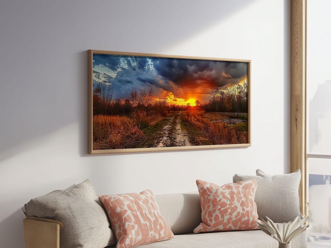 Dirt Road Through Fields At Stormy Sunset Rural Landscape Poster - Image 6