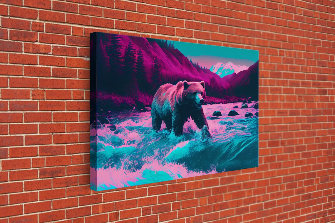 Grizzly Bear Crossing A River, Vaporwave Art Print - Image 3