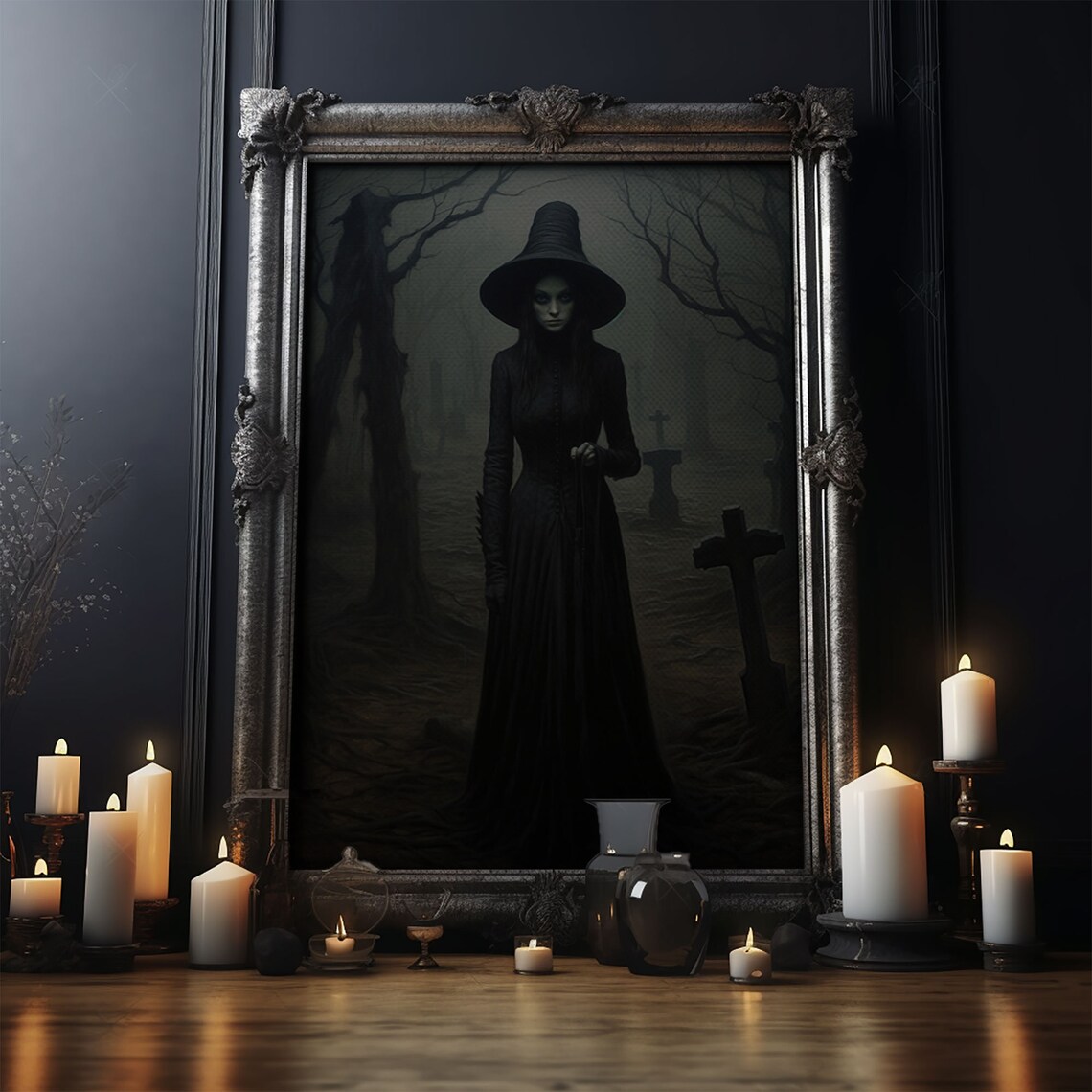 The Witch in the Cemetery, Vintage Halloween Poster - Image 4