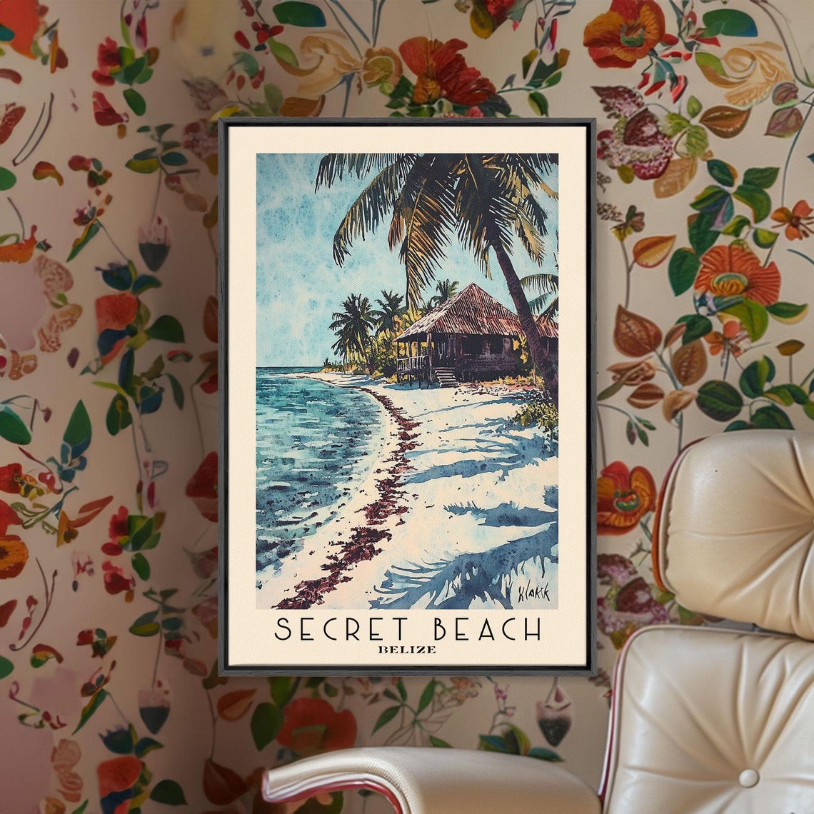 Secret Beach Belize Palm Thatch Hut White Sand Turquoise Water Poster