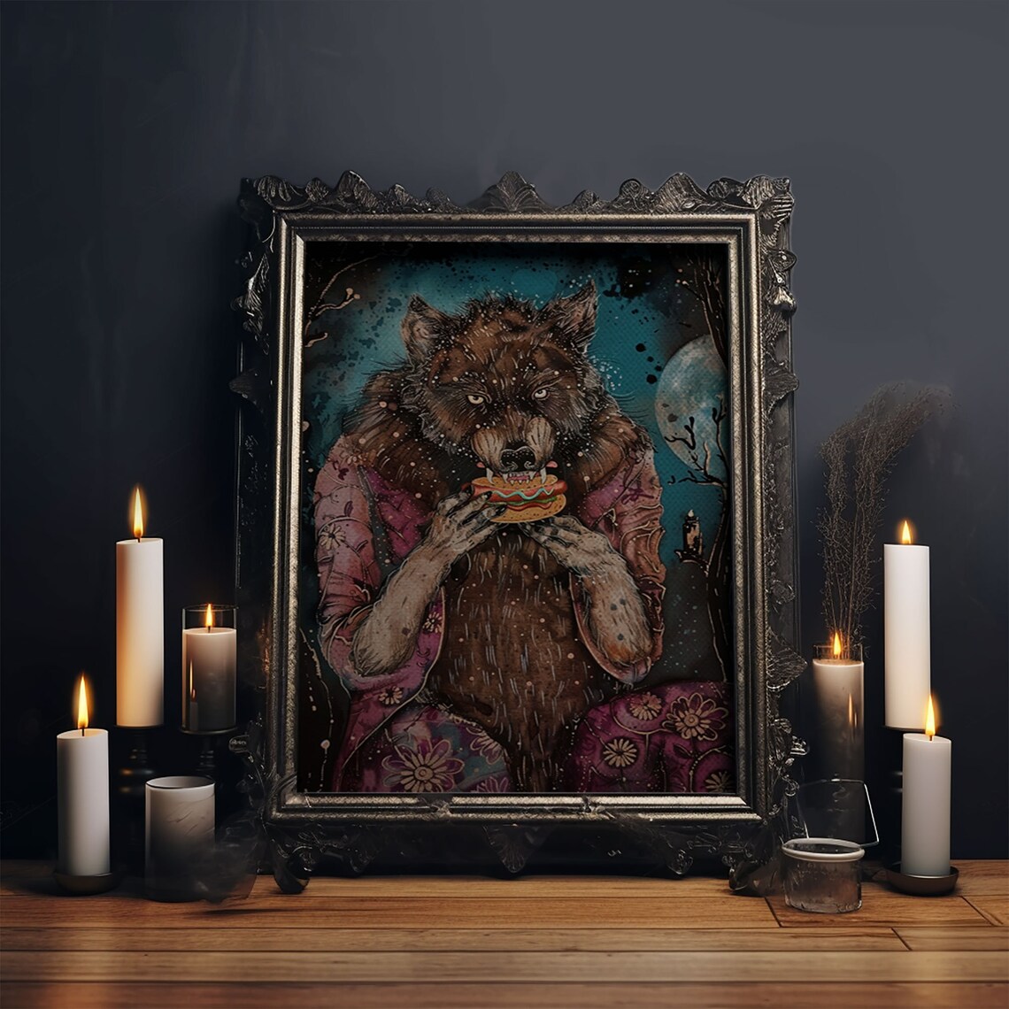 Werewolf Eating Hotdog Pink Dress Moonlit Funny Halloween Art Poster - Image 5