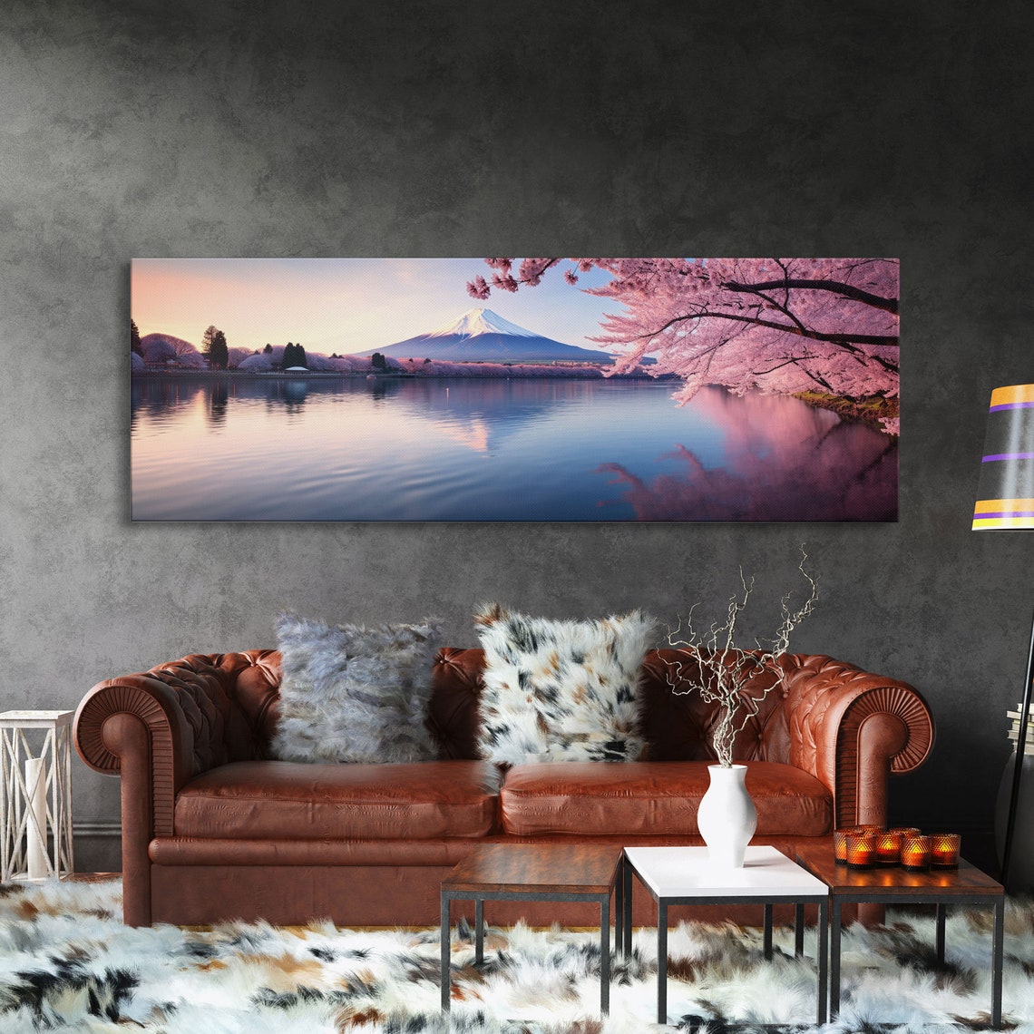 Mount Fuji Japan Cherry Blossom Lake Reflection Pink Sunset Poster