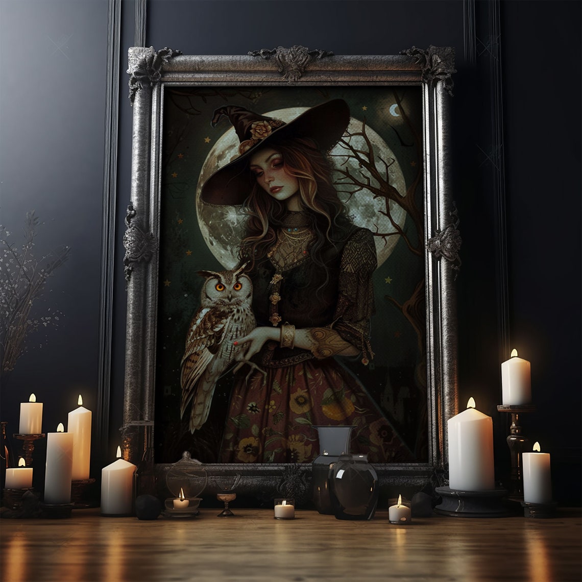 Witch Holding Barn Owl Under Full Moon Dark Forest Gothic Art Poster - Image 5