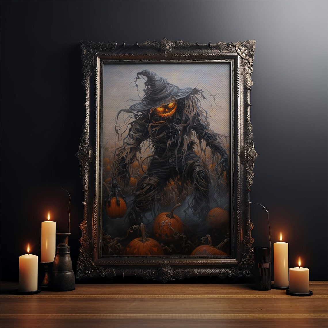 Haunting Pumpkin Head Scarecrow In Misty Field Halloween Art Print - Image 4