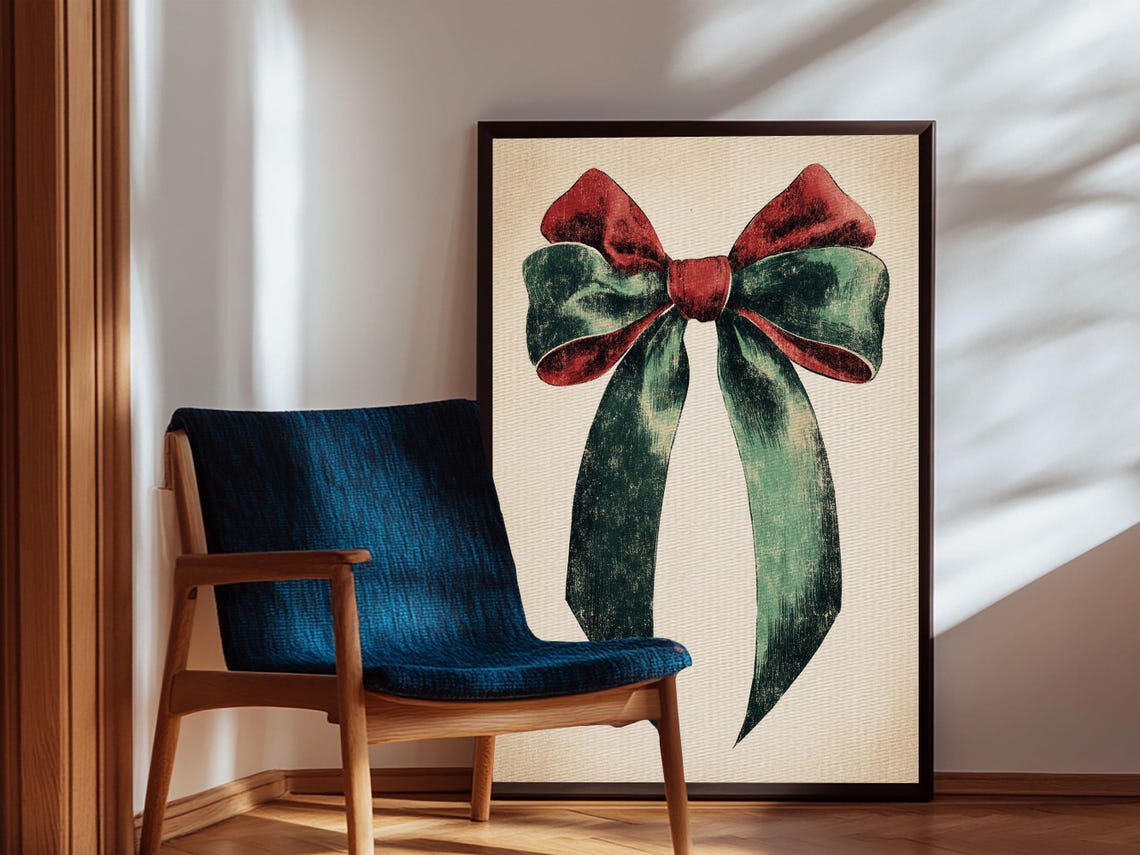 Vintage Red and Green Christmas Gift Bow Illustration Holiday Wall Art - Image 4