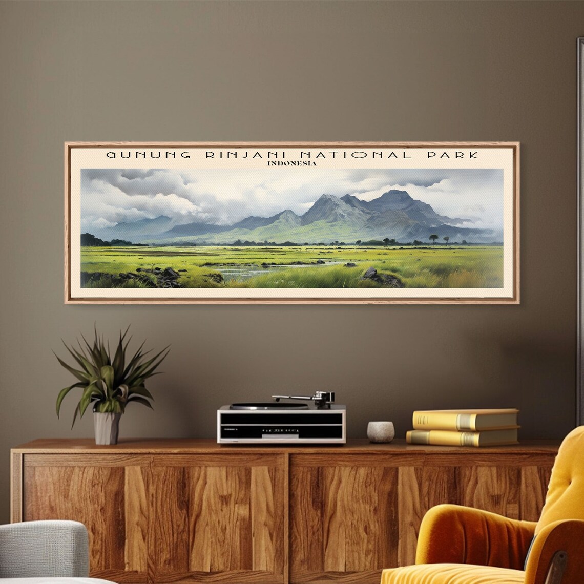 Gunung Rinjani Indonesia Volcano Peak Green Savanna Clouds Travel Poster