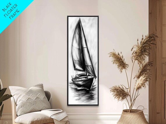 Charcoal Sketch Sailboat Under Full Sails Nautical Wall Art Poster