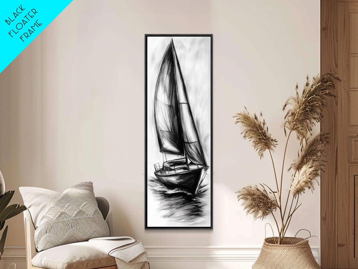 Charcoal Sketch Of A Sailboat Framed Print Nautical Decorl Nautical Wall Art Sailboat Painting Sail Boat Art Tall Skinny Wall Art