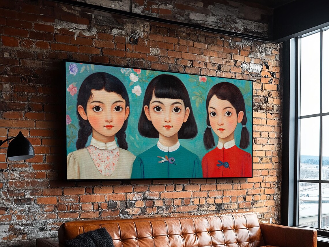 Three Girls Floral Portrait Whimsical Sisters Painting Wall Poster - Image 2