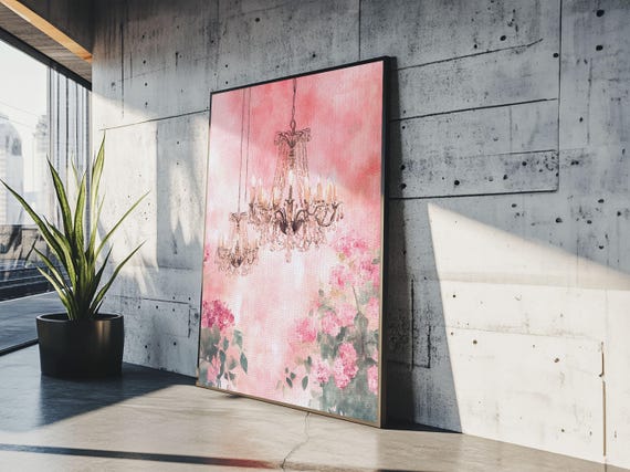 Pink Chandelier Painting Print Cottagecore Art Living Room Decor Rustic Wall Art Guest Room Art Gift Idea Elegant Aesthetic