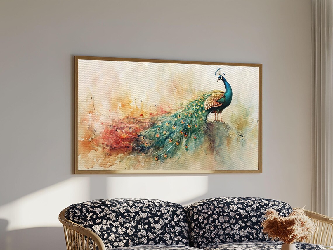 Majestic Peacock Iridescent Tail Warm Watercolor Wildlife Art Poster - Image 3