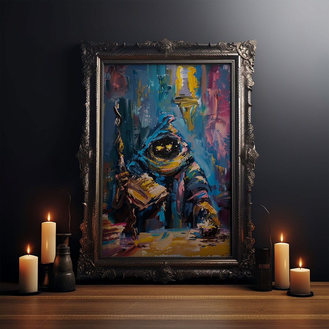 Dark Wizard Reading Spell Book Abstract Colorful Oil Style Art Poster - Image 3
