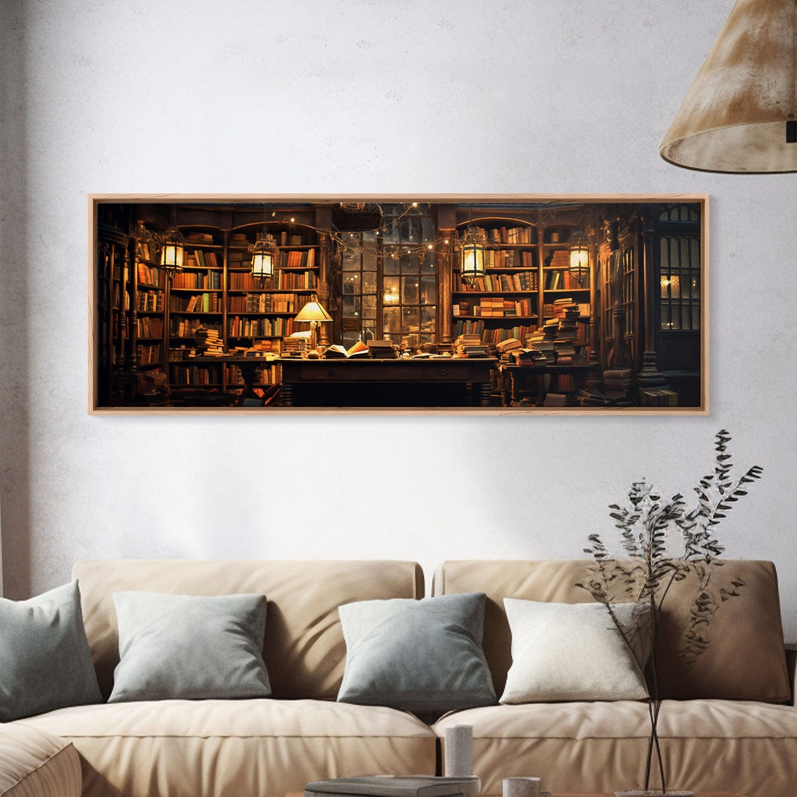 Cozy Old Library Interior Warm Lanterns Bookshelf Moody Wall Art - Image 4