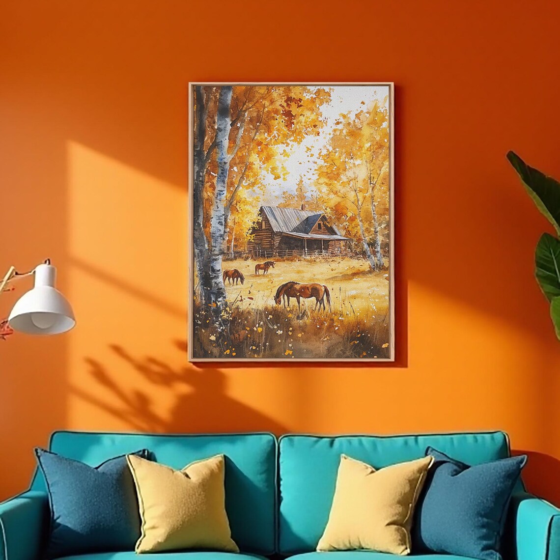 Log Cabin With Horses Grazing In Golden Autumn Woods Meadow Poster - Image 2